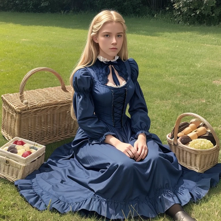 tom holland as a blonde woman in dark blue 1880s victorian bustle dress, very long hair in victorian style, sitting on a grass, picnic, picnic basket,  full body,  victorian photo 