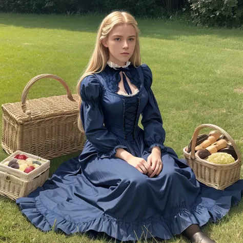 tom holland as a blonde woman in dark blue 1880s victorian bustle dress, very long hair in victorian style, sitting on a grass, ...