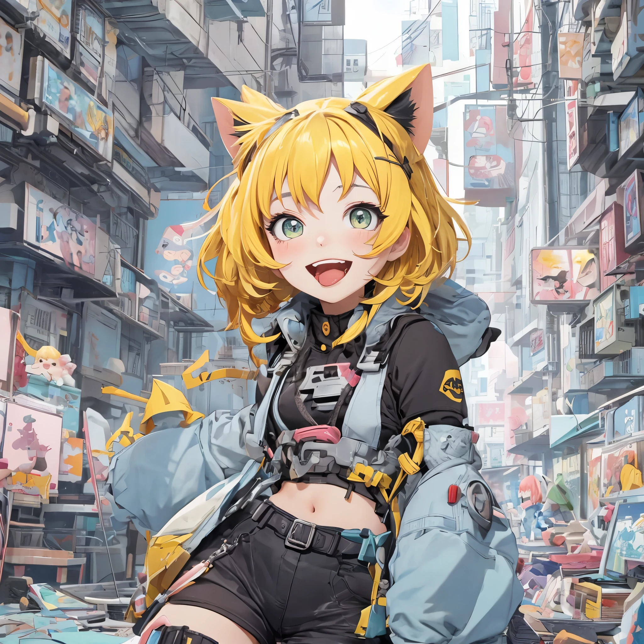 1 girl, pastelcolor, yellow hair strokes, Cyan eyes, short detailed hair, Small cat ears, Cyberpunk clothes, There are a lot of hairpins in the hair, Shoulders open, Hands open, Slimming the waist, A happy smile with a long tongue sticking out, Long tongue, whole-length, legsupms, Reference, Anime reference, Reference roles from different angles, white backgrounid