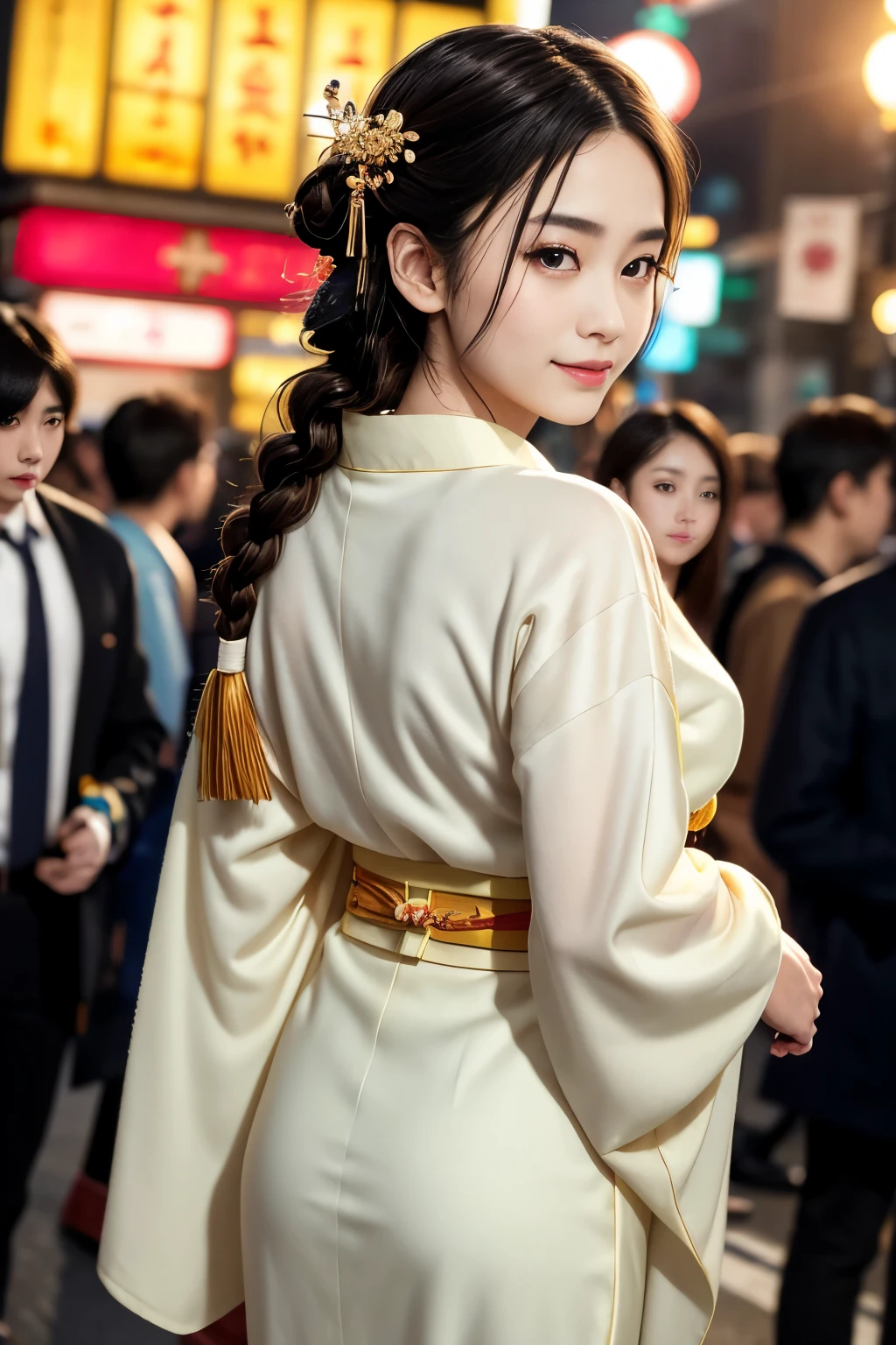 J-Pop Idol: 1.2、Mix 4、Japanese female 1 person,23 years old,(Thin eyebrows: 1.4),Sparkling brown eyes,clear amber eyes,Bunhead,Two braids tied together、Ancient Capital,Kyoto、Beautiful detailed sky、street,(crowd:1.2),night、(kimono,kimono,豪華なkimono)、(Happy,smile)、Golden ratio body,Beautiful woman looking back,Anatomically accurate depiction、masterpiece,highest quality,Highest Resolution:1.2,Hyperrealistic:1.5,16k raw photos:1.5、