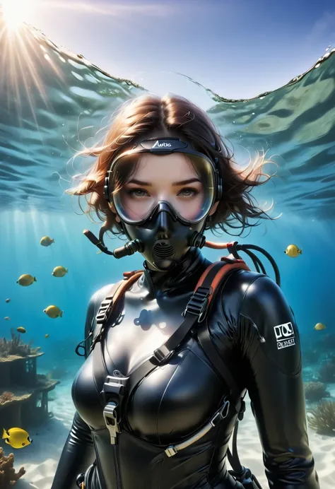 during the diving course，there is a lady wearing a diving suit and goggles,wear a diving helmet, instagram, a diver on the seabe...