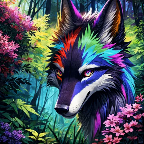 slender colorful wolf in the forest with colorful eyes