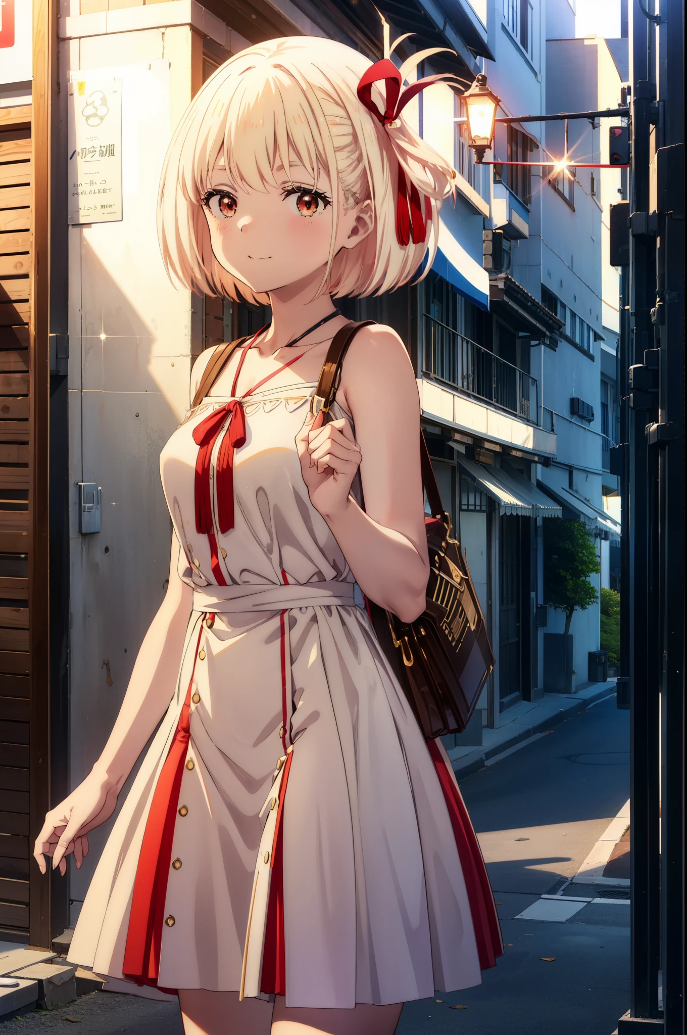 chisatonishikigi, Chisato Nishikigi, Short Hair, bangs, blonde,Bobcut, White hat(Red eyes:1.5),  Hair Ribbon,One side up,happy smile, smile, Open your mouth,smile,blush,Red sleeveless dress,White long skirt,Bare arms,Rocket Pendant,Cute Sandals,real summer,sunny,It&#39;s as if your whole body is in the illustration., break outdoors, coastal,City Street, break looking at viewer, (Cowboy Shot:1.5), break (masterpiece:1.2), highest quality, High resolution, unity 8k wallpaper, (shape:0.8), (Beautiful details:1.6), Highly detailed face, Perfect lighting, Highly detailed CG, (Perfect hands, Perfect Anatomy),