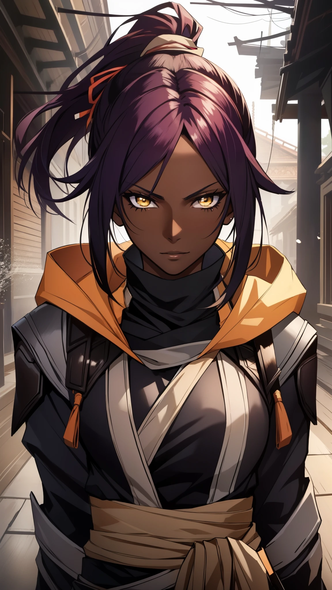 (masterpiece, best quality),  intricate details, 8k, artstation, wallpaper, official art, splash art, sharp focus,
1girl,  solo, shihouin yoruichi, (dark skin, dark-skinned female:1.2), ponytail,