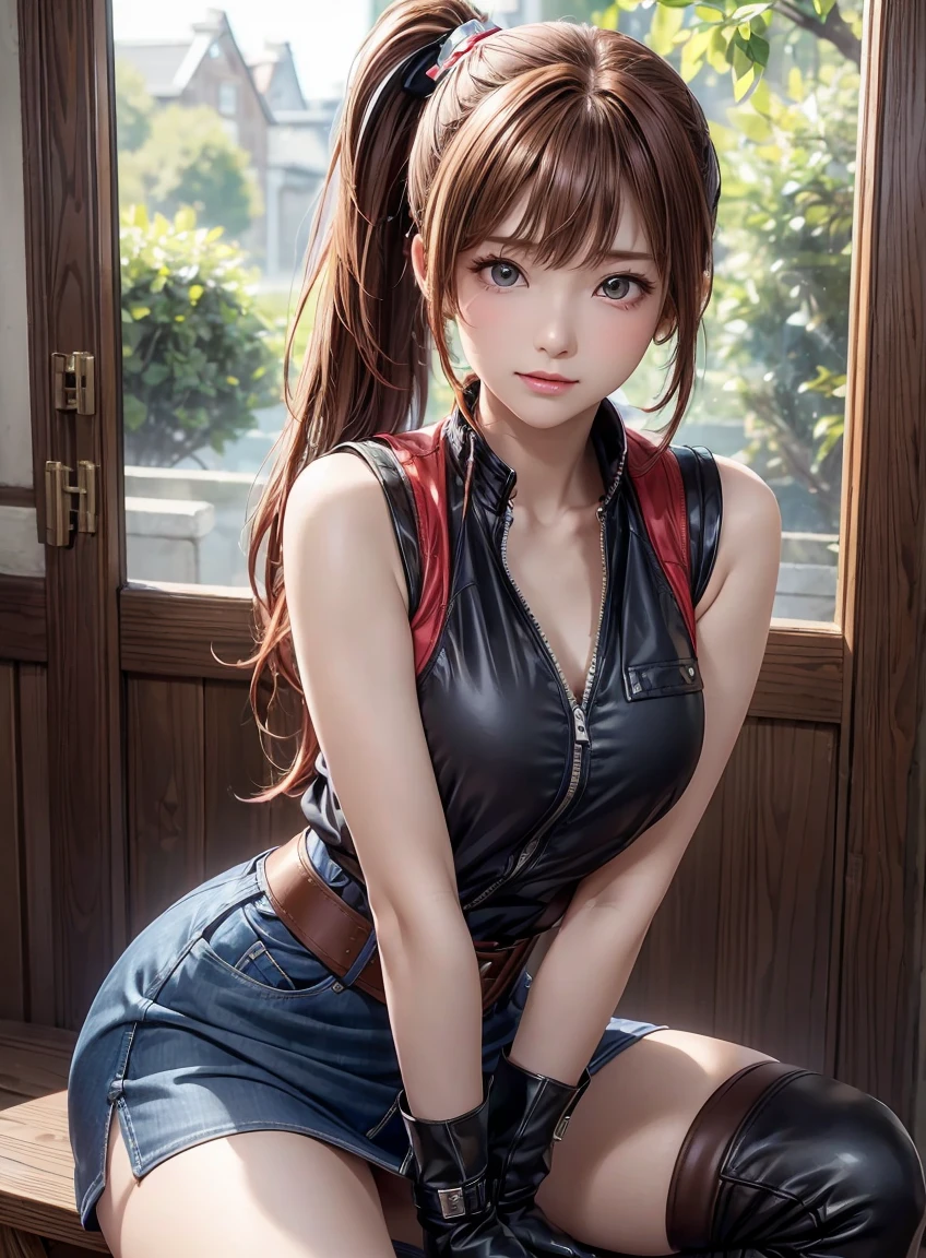 (highest quality:1.3), High resolution, Very detailed, Very detailed CG Unity 8k wallpaper, Realistic, photo-Realistic, RAW Photos, Beautiful Face, White skin, Real Skin, High quality fabric, Detailed hair texture, Perfect body, Beautiful Features, Accurate fingering, Anatomically correct, Very detailed face and skin texture、One Girl, cute, Redhead, ((Side Ponytail, Brown eyes: 1. 2)), ((Slanted Eyes:1.3))、Thick bangs, Sleeveless jacket、Open jacket、Denim pencil skirt、Belt at waist、Knee-high boots、Leather gloves、Sit on a chair、