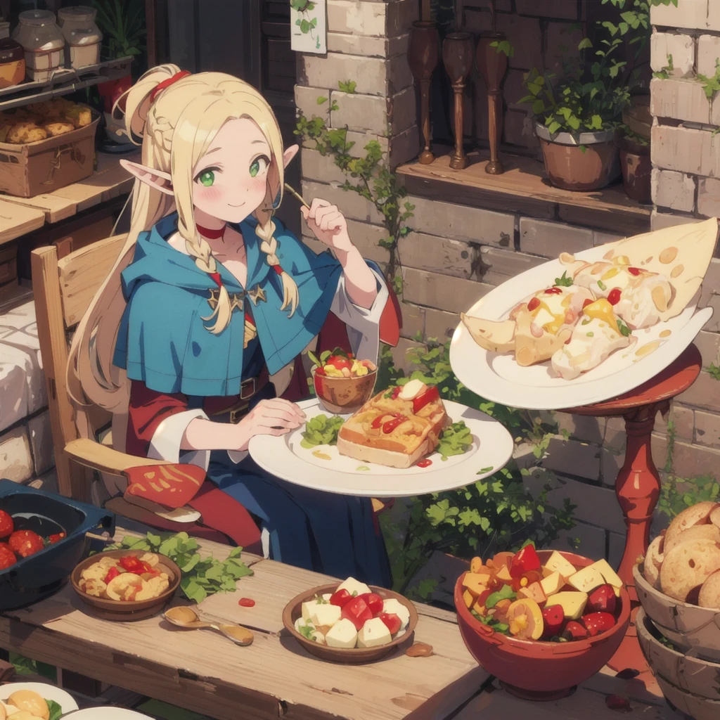 ((masterpiece,highest quality)), 
Marcille Donato,Dungeon Food, 
One girl, alone, Blonde, Long Hair, Fairy, Round elf ears, Green Eyes,
Red choker, blue capelet, 
eat, dish, spoon,
alone, smile,  blush, View your viewers,