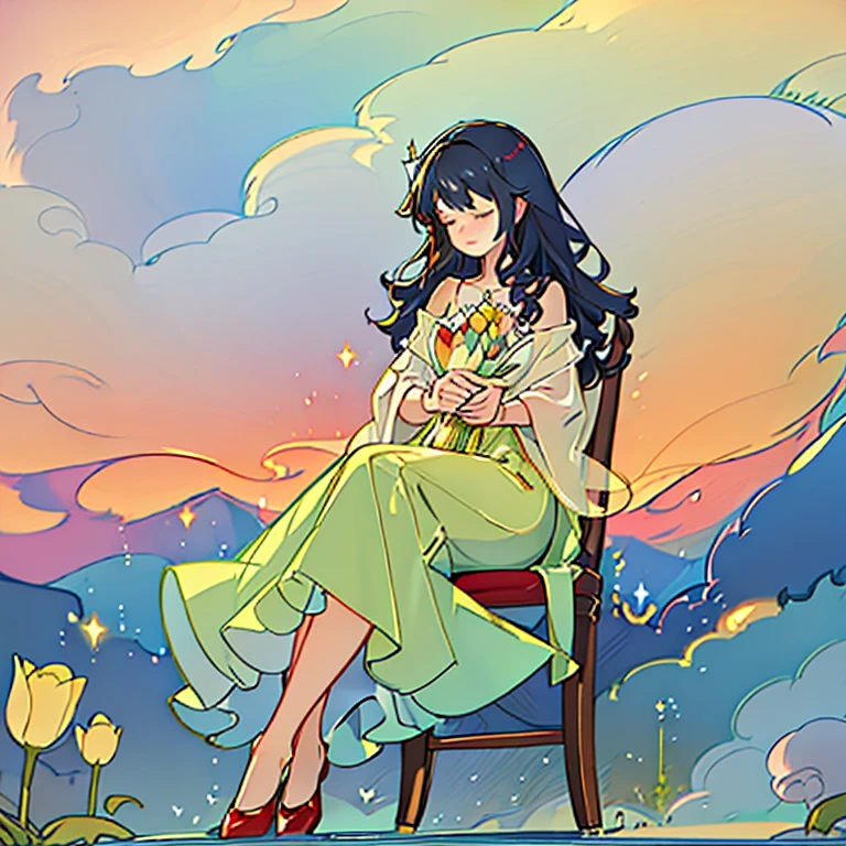 Black shawl hair girl，Curled up on a recliner，Bend over and curl your legs，Side view，Lower your head and close your eyes，Holding puppy in hand，Wearing a pale green dress，A large number of tulips arranged in a circle，During the day，In the distance are mountains and white clouds，Wearing red leather shoes