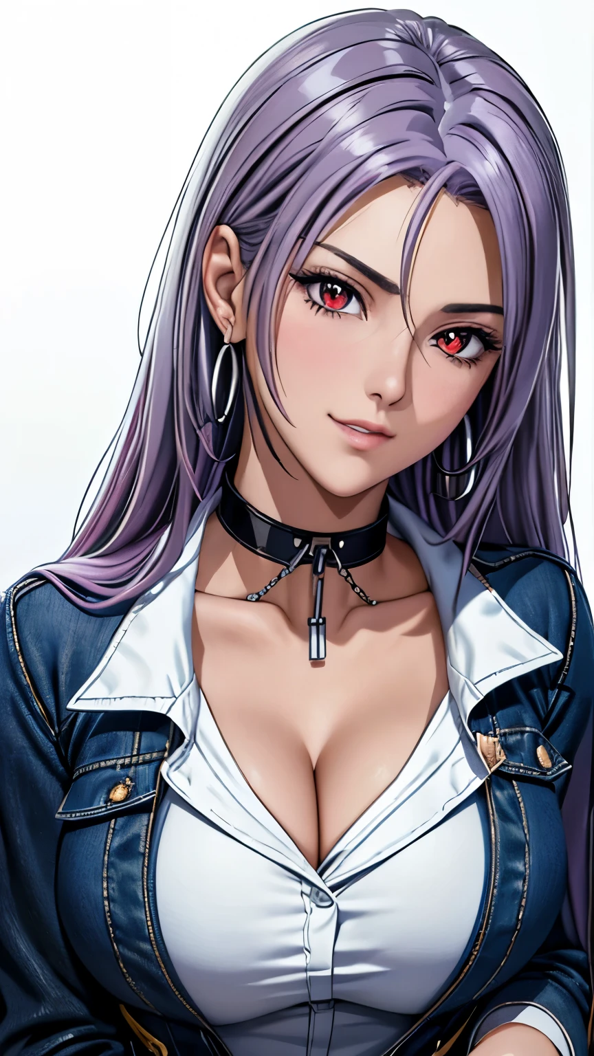 red eyes, (highest quality, masterpiece painting:1.3), immature woman, 16 years old, (half body shot), masterpiece, ultra high resolution, (Photoreal:1.0), ((light purple hair)),straight hair, beautiful shining hair, white and shining skin, ((Ultra realistic details)), octane rendering, highly detailed face, (big breasts:0.8),  distressed denim jacket with patches and pins, paired with black skinny jeans and combat boots, Accessories: silver hoop earrings and a black choker necklace, open neckline, cleavage, perfect body, soft skin, silver earrings, (pure white background:1.4), sharp focus, intricate details, professional artwork, (bright colors:1.1), bright colors, diffused lighting, digital blending, ultra-definition body, ultra detail hair, super detailed face, that&#39;It&#39;s trending on pixiv, top button open, Cute gaze, compensate, perfect lips, perfect compensate, Ultra-precision coating, (light_smile:0.8), (smugness:1.2),blush your nose,