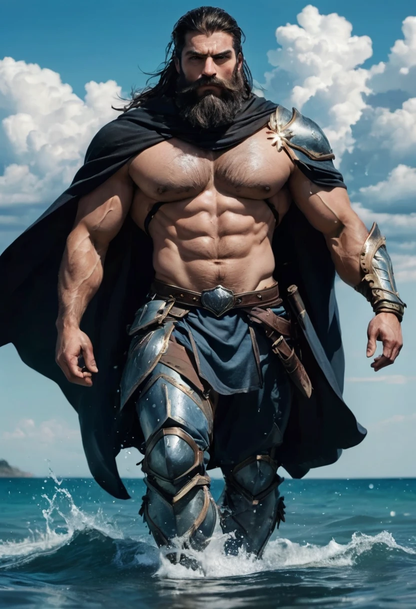 Le personnage est musclé, homme barbu, porter une armure qui (se cache) his muscular pecs and a cape. Il marche dans l'eau, with a magnificent view of the sky in the background. He seems to be a warrior or a hero, et maintenant face à la caméra, regarder directement dans l'objectif.