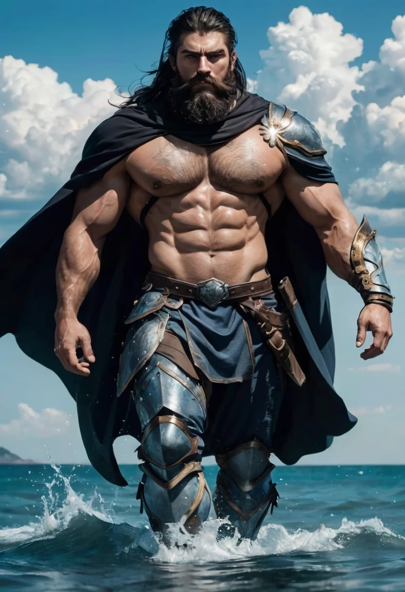 Le personnage est musclé, homme barbu, porter une armure qui (se cache) his muscular pecs and a cape. Il marche dans l'eau, with a magnificent view of the sky in the background. He seems to be a warrior or a hero, et maintenant face à la caméra, regarder directement dans l'objectif.