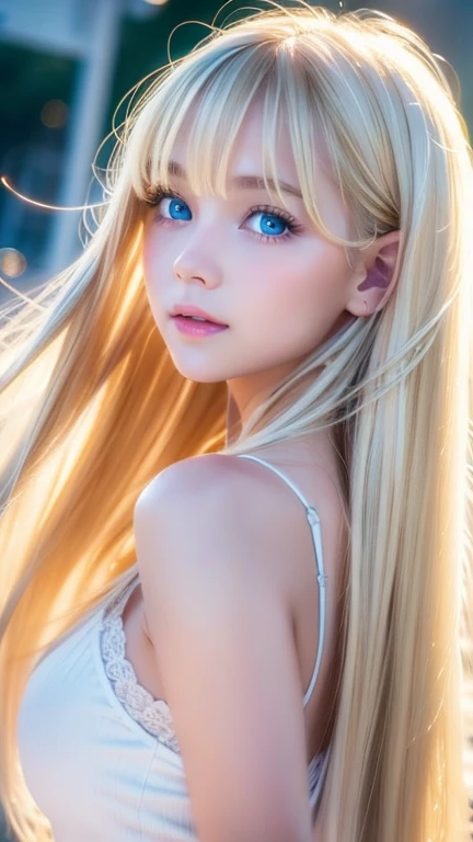 Rubia brillante bailando frente a una cara bonita、Flequillo largo y sedoso sobre los ojos.、Ojos azul cielo de color blanco pálido brillante、Muy bonitos reflejos de los ojos.、Cabello largo y rubio en la cara.、súper largo straight silky hair、súper largo, cabello rubio suelto que brilla con brillo, pelo lacio、Mujer joven linda atractiva、cara asquerosa、Brillo de mejillas、mirada brillante、Belleza de cara pequeña、Preciosa chica nórdica de 15 años