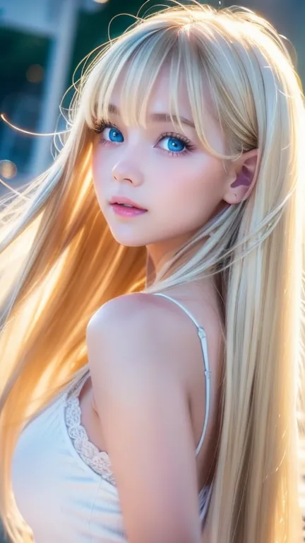Shining blonde dancing in front of a pretty face、Long silky bangs over the eyes、Bright pale white sky blue eyes、Very beautiful h...