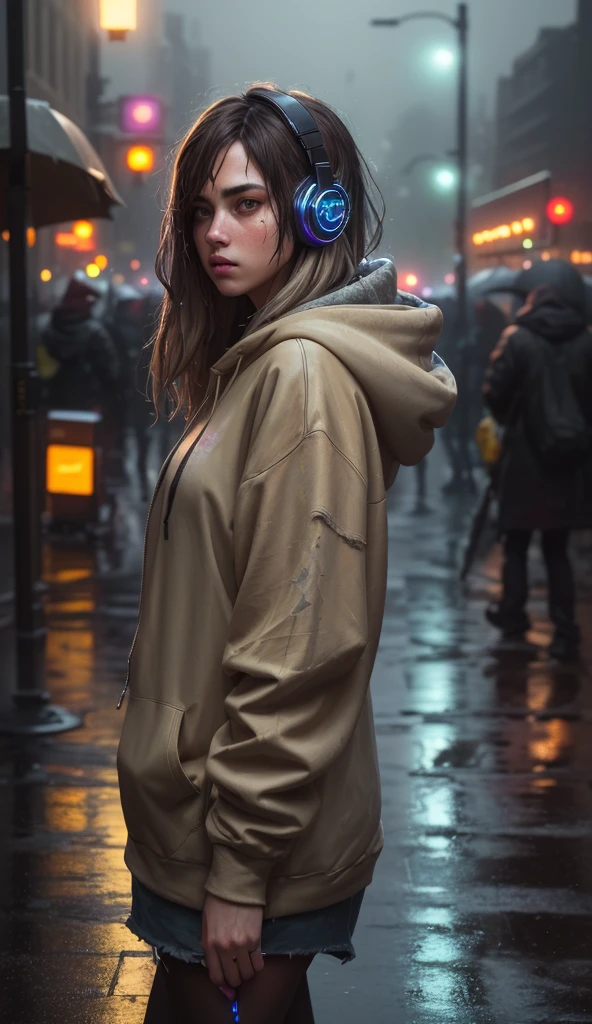 (dark shot:1.1), epic realistic, masterpiece, girl alone, solo, incredibly absurd, hoodie, headphones, street, outdoor, rain, neon,, faded, (neutral colors:1.2), (hdr:1.4), (muted colors:1.2), hyperdetailed, (artstation:1.4), cinematic, warm lights, dramatic light, (intricate details:1.1), complex background, (rutkowski:0.66), (teal and orange:0.4)