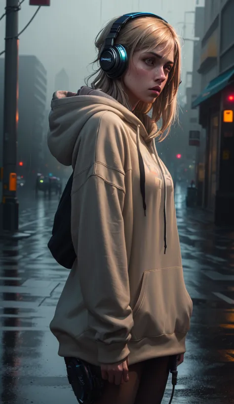 (dark shot:1.1), epic realistic, masterpiece, girl alone, solo, incredibly absurd, hoodie, headphones, street, outdoor, rain, ne...