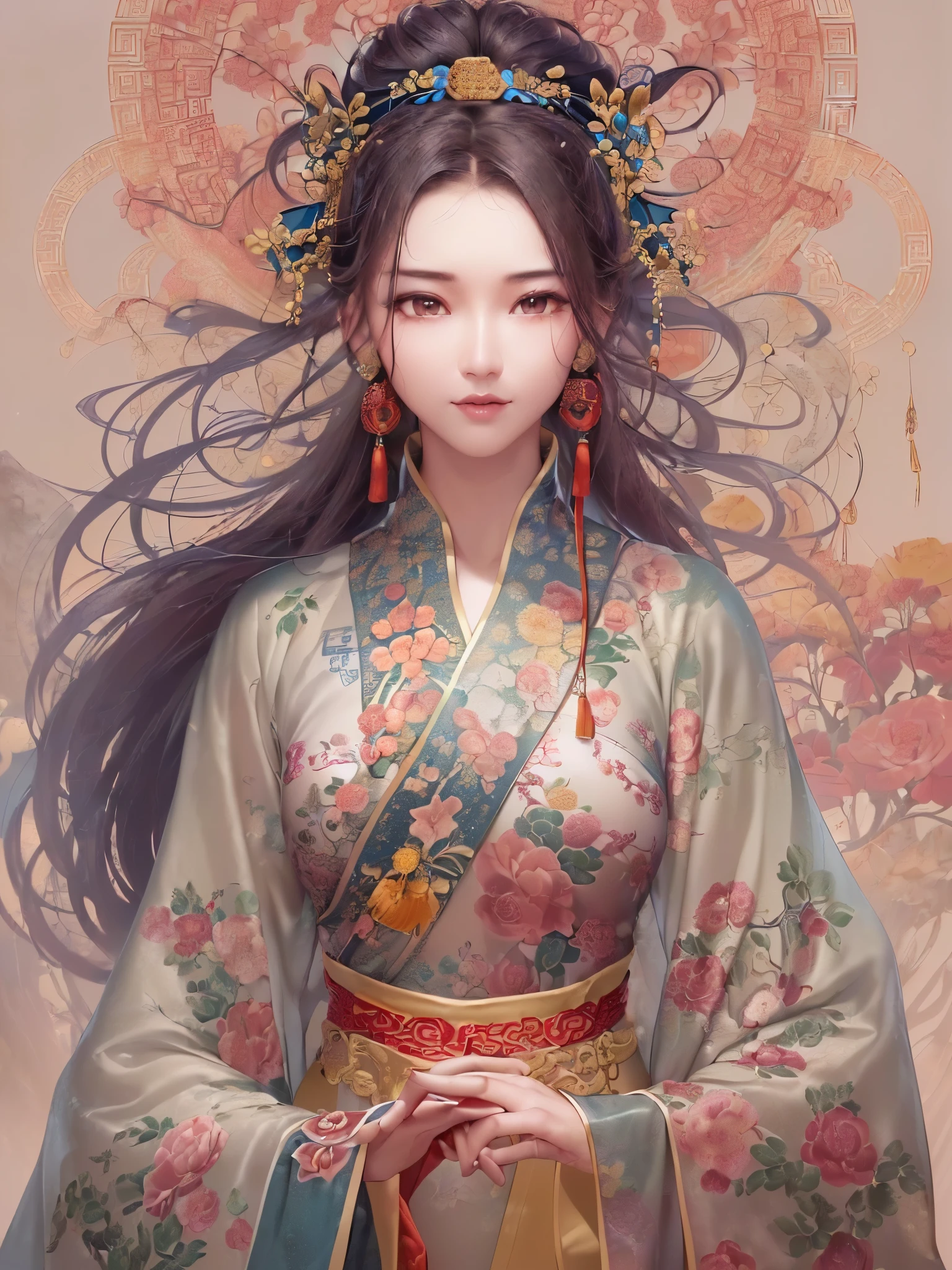 ((highest quality)),(Ultra-high resolution),(Very detailed),(Detailed Description),((The best CG)),(A masterpiece),Ultra-precise art,amazing drawing art,(Chinese fantasy art with intricate details:1.5), (woman:1.6),(Beautiful and well-proportioned face:1.5), (A Chinese dress with intricately detailed and intricate patterns:1.7),(Tai Chi diagram:1.6),Intertwining fire and water:1.6