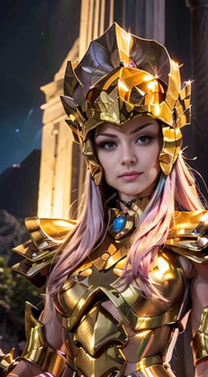 masterpiece, best quality, Ultra-high resolution, Realistic skin texture, armature, Reality, high resolution, original photo, Glowing skin, Realistic skin texture, Optimal lighting, spark, Dramatic Lighting, Dynamic poses, Greek temple background, Night Sky, universe, Milky Way, 1 Girl, Balanced Eyes, Andromeda, Pink Armor, Roman skirt, chest, cleveage, Red hair, Pink Helmet, blue eyes, Looking at the audience, Large Breasts, Smile, chain