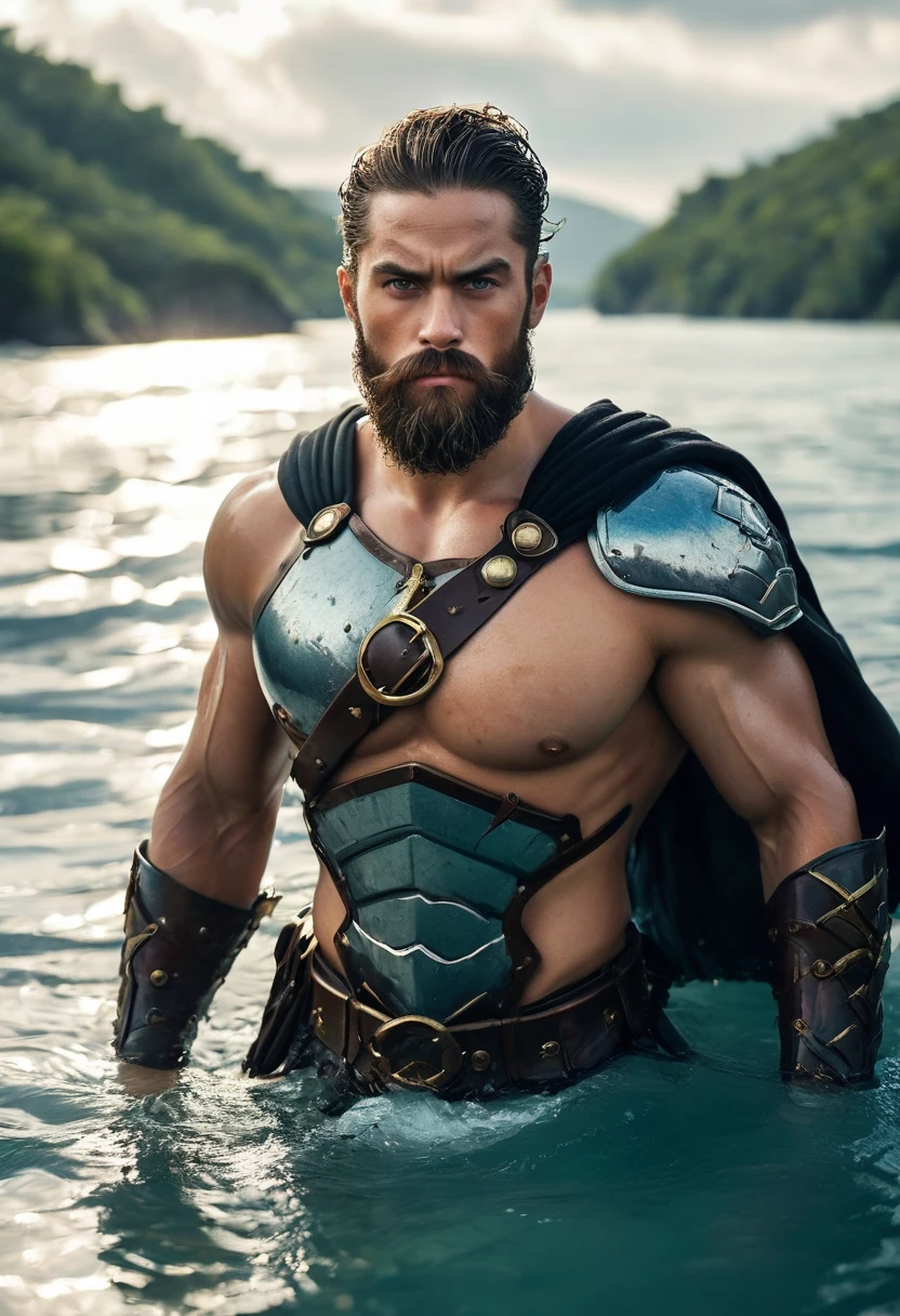 The character is a muscular, bearded man, wearing armor that (hides) his muscular pecs and a cape. He's walking in the water, with a magnificent view of the sky in the background. He appears to be a warrior or hero, and now faces the camera, looking directly into the lens.