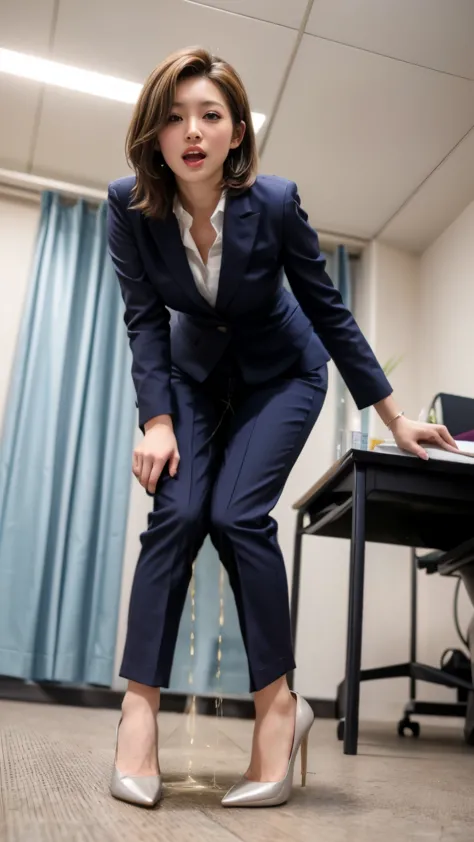 (masterpiece, best quality:1.2), (realistic,photo-realistic:1.4), RAW photo, highres, extremely detailed, intricate details, cinematic lighting, (front view, view from below:1.3), a 30yo japanese female, standing in the office room, (full body, high heels:...