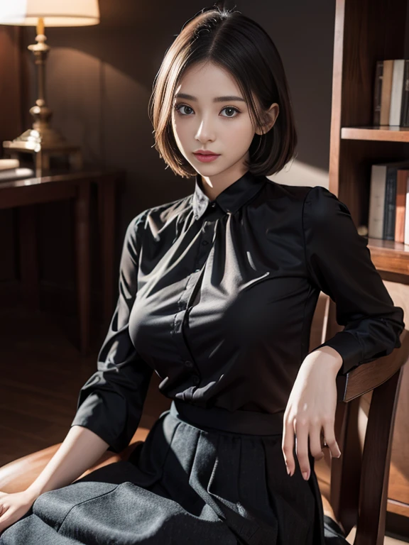 (Realistic、High resolution:1.3),((mode casual fashion:1.4)),alone, One Girl, masterpiece, highest quality, Very detailed, Cinema Lighting, Intricate details, High resolution, Official Art, Beautifully detailed face and eyes, High resolutionのイラスト, 8k, (short hair), Ash grey hair:1.3, Very thin body, ((Long skirt、Black blouse :1.3)) 、Single Blade, blue eyes, Glasses, Conceit, Sit on a chair, Upper Body, Big Breasts, White shirt, Book_stack, library, ((vine)), Looking at the audience