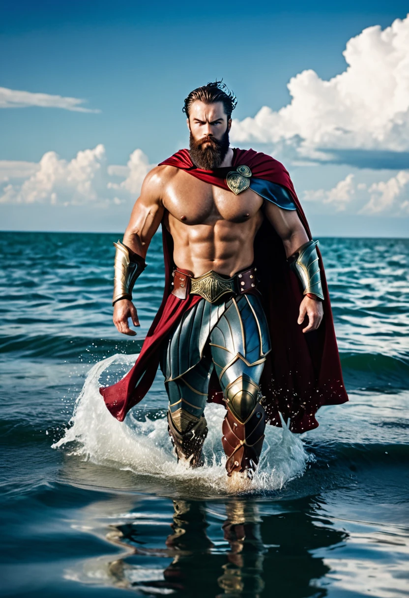 The character is a muscular, bearded man, wearing armor that (hides) his muscular pecs and a cape. He's walking in the water, with a magnificent view of the sky in the background. He appears to be a warrior or hero, and now faces the camera, looking directly into the lens.