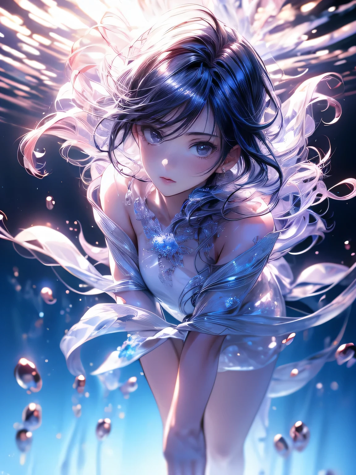 (fullbody shot:1.2), (a girl wearing) a transparent wine red dress resembling a jellyfish,(best quality,4k,8k,highres,masterpiece:1.2),ultra-detailed,ethereal lighting,flowing fabric effect,vivid colors,glowing jellyfish-like patterns,underwater scenery,cerulean blue tones,delicate ripples and movements,hauntingly beautiful,(realistic,photorealistic,photo-realistic:1.37),dreamlike atmosphere,sparkling rays of sunlight,subtle reflections,soft focus,sublime elegance,graceful poses.