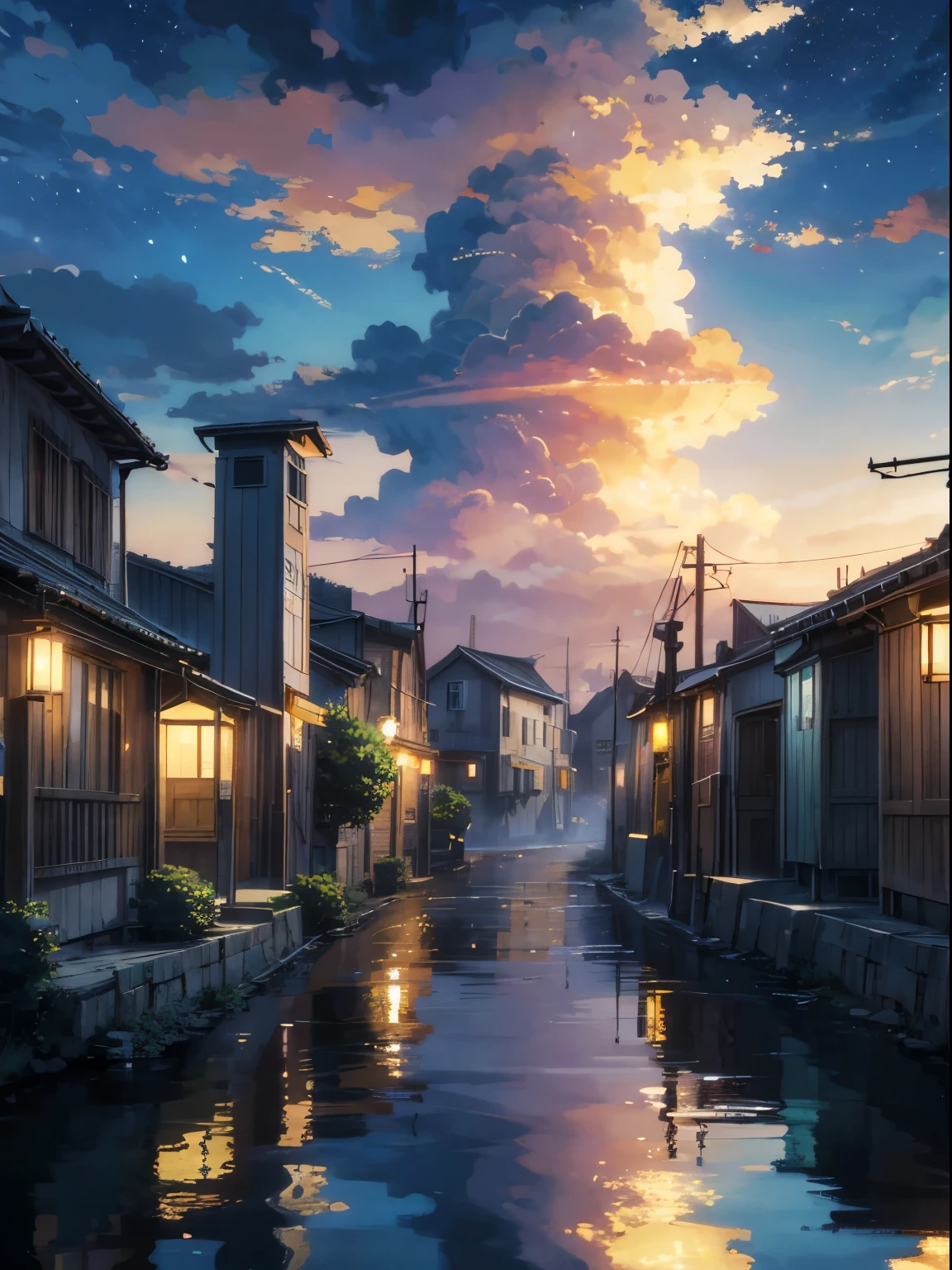 Anime scenery of a street with a river and buildings - SeaArt AI