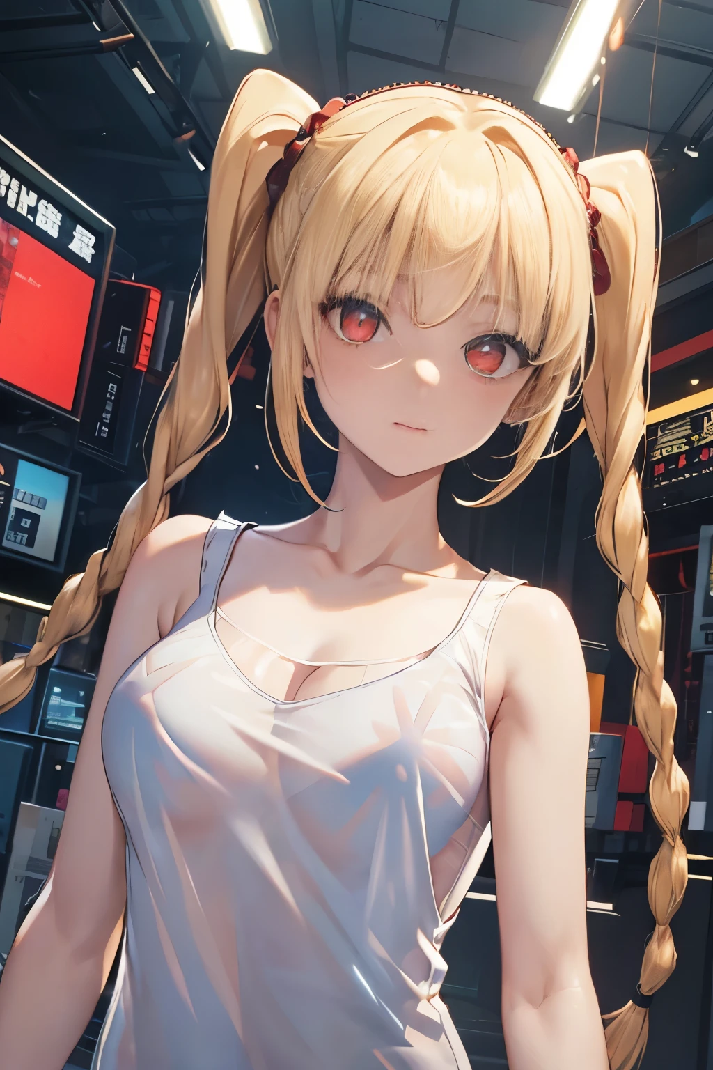 Optimal，masterpiece，High resolution，highest quality，hyper HD，Very detailed，Award-winning，16K，alone，（Upper Body），Correct Anatomy，Beautiful Cyberpunk Girl，Upper Body Photos、Cute face，，bionde、Long Hair、Twin tails、Braid, Hairline，（（Scarlet Eyes）），Long eyelashes，Drooping eyelids，White skin，((shoot from the front:1.5)), ((transparent white camisole:1.5)), Clock Top、See-through、rocket , (Large Breasts),