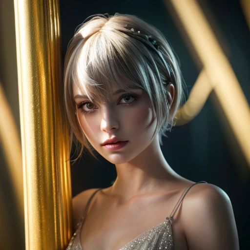 (extremely detailed CG unity 8k wallpaper, masterpiece, best quality, ultra-detailed), (best illumination, best shadow, an extremely delicate and beautiful), a cool, dynamic, and original young girl character with a (dynamic pose) and silver (pixie cut hair: 1.3) that reflects the light beautifully.