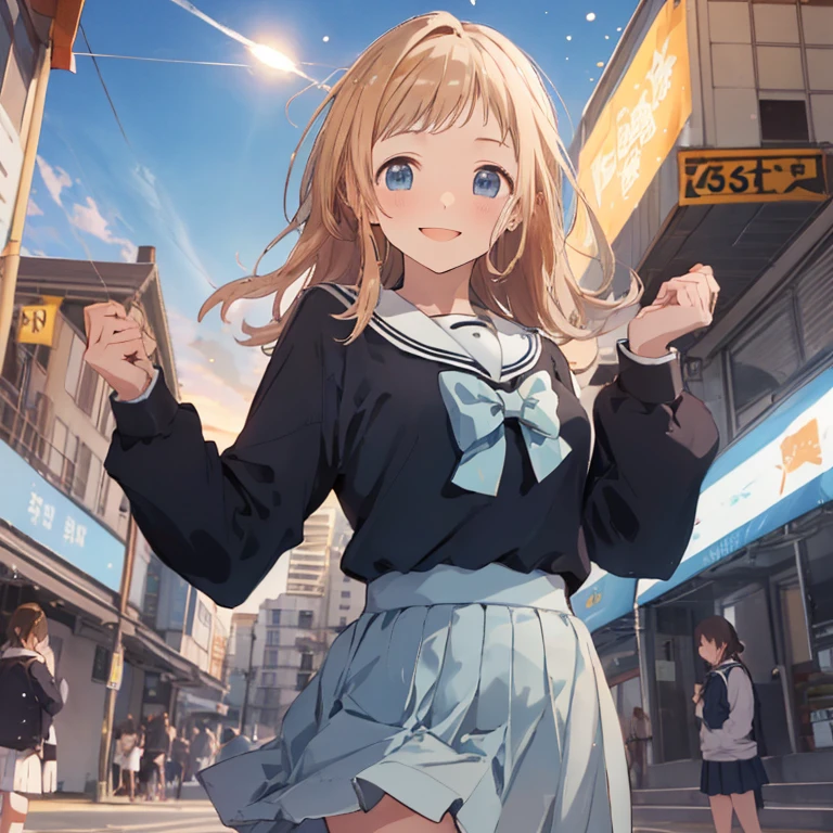  (Idol Master), (highest quality, 8k, masterpiece, Very detailed:1.4), (Lens flare, Particles of light, Shine), Big Breasts, smile, Open your mouth, masterpiece, highest quality, Very detailed, High resolution, Very detailedなCG, masterpiece, Official Art, From below, Light blue bow tie, Sailor suit, Black long sleeve, Check skirt, Light blue skirt,  Perfect body,  Are standing, School