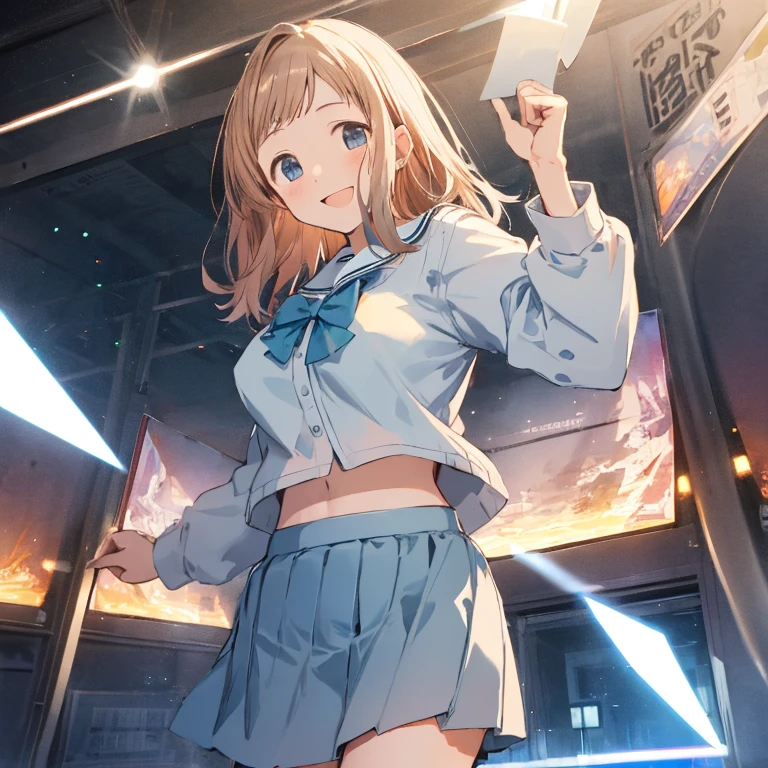  (Idol Master), (highest quality, 8k, masterpiece, Very detailed:1.4), (Lens flare, Particles of light, Shine), Big Breasts, smile, Open your mouth, masterpiece, highest quality, Very detailed, High resolution, Very detailedなCG, masterpiece, Official Art, From below, Light blue bow tie, Sailor suit, Black long sleeve, Check skirt, Light blue skirt,  Perfect body,  Are standing, School