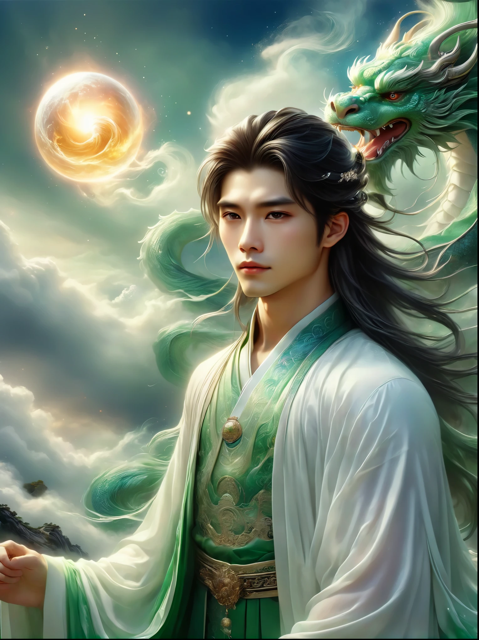 A strikingly handsome 20-year-old Chinese man with ancient long hair and delicate facial features stands atop a mountain peak shrouded in mist. Dressed in exquisite white clothes, he appears celestial, almost immortal. His left hand is raised above his head, clutching a shimmering luminous green orb. His figure faces away from the viewer, towards a gigantic mythical blue Chinese dragon that is emerging from the clouds of a looming storm. The setting sun hovers in the background, providing a sharp focus and perfect composition to this scene. Incorporate elements of absurdity and elegance with high detail and volumetric mist for an intricate, award-winning photo effect. Emphasize the details with high contrast and cinematic lighting, mimicking the high-resolution quality of a Fujifilm XT3. The image should simulate an 8k UHD quality with a grain of film effect for a captivating ultra-realistic rendering.