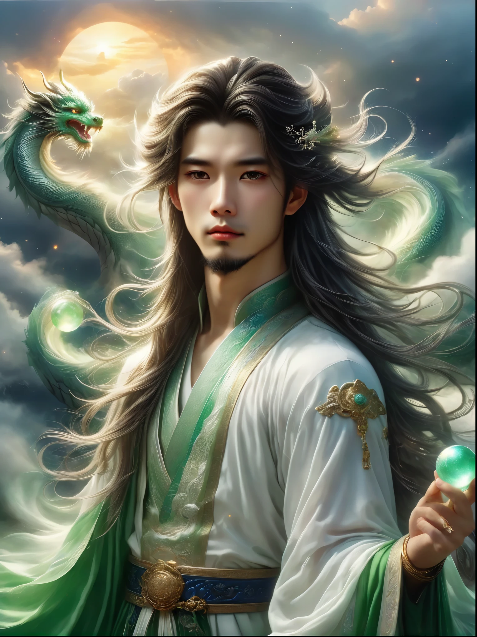 A strikingly handsome 20-year-old Chinese man with ancient long hair and delicate facial features stands atop a mountain peak shrouded in mist. Dressed in exquisite white clothes, he appears celestial, almost immortal. His left hand is raised above his head, clutching a shimmering luminous green orb. His figure faces away from the viewer, towards a gigantic mythical blue Chinese dragon that is emerging from the clouds of a looming storm. The setting sun hovers in the background, providing a sharp focus and perfect composition to this scene. Incorporate elements of absurdity and elegance with high detail and volumetric mist for an intricate, award-winning photo effect. Emphasize the details with high contrast and cinematic lighting, mimicking the high-resolution quality of a Fujifilm XT3. The image should simulate an 8k UHD quality with a grain of film effect for a captivating ultra-realistic rendering.