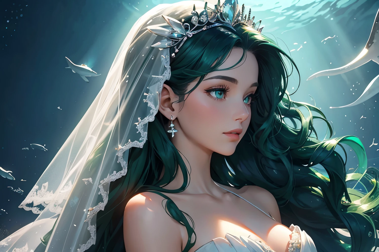 Top quality, close-up of the profile of a pretty woman, the woman has long curly emerald hair, is wearing a wedding dress and has a white veil, fantastic, ephemeral, the background is the deep sea with light shining through it Where killer whales are swimming, a single red rose