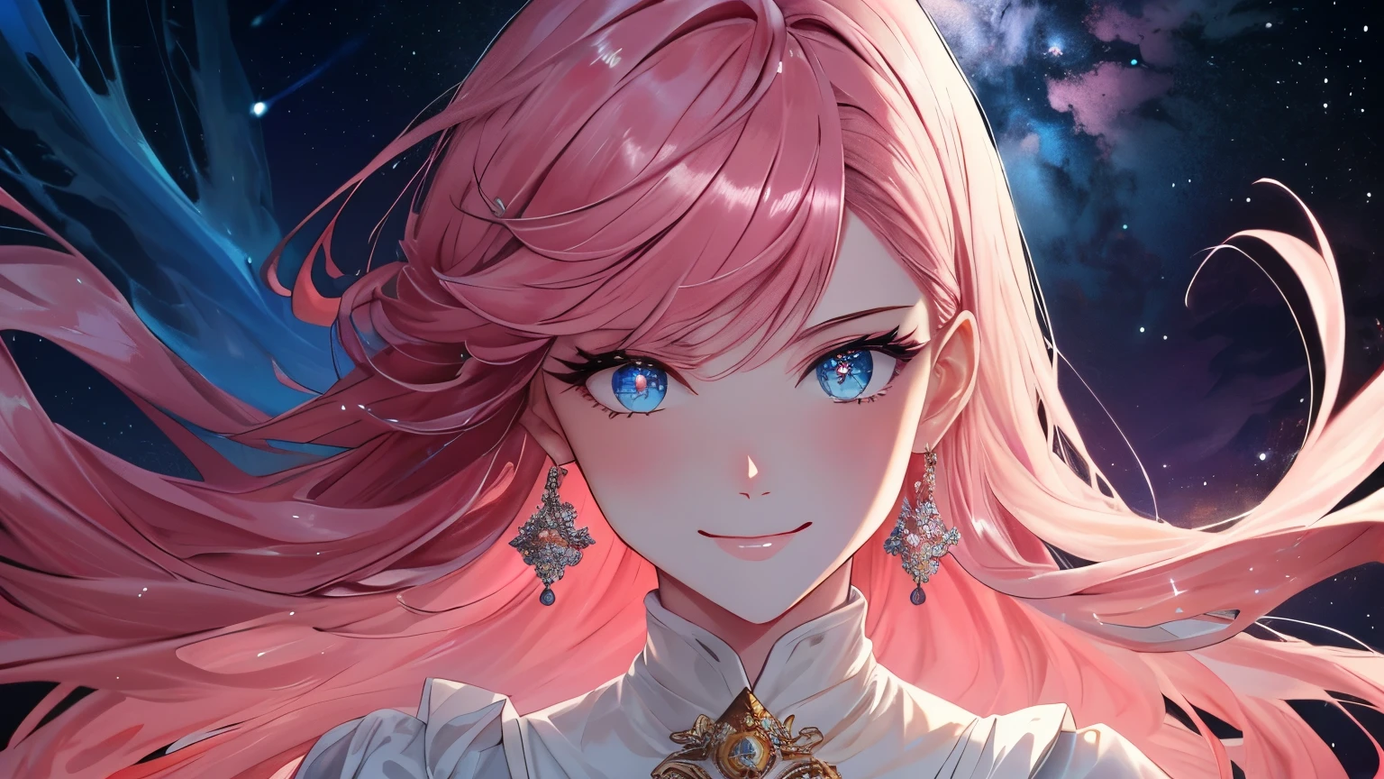 (simple hands: 0.5) + (Detailed hand: 0.7), (masterpiece), (highest quality), In white, red eye, 1 girl, Pale skin, In white, red eye, Pink Hair, eyelash, handcuffs, jewelry, smile, Glowing Skin, Shiny Hair, Detailed and magnificent scenery, Fancy, Wide range, 1 girl, Pink Hair, Night Sky, Gazing at you、驚くほど精巧なCGイラストのmasterpiece, I felt better., beautiful I felt better. eye, beautiful detailed eye, eye, sparkling eye, Different colored eye, red eye, blue eye, Milky Way, nebula, (whole body), (curve)