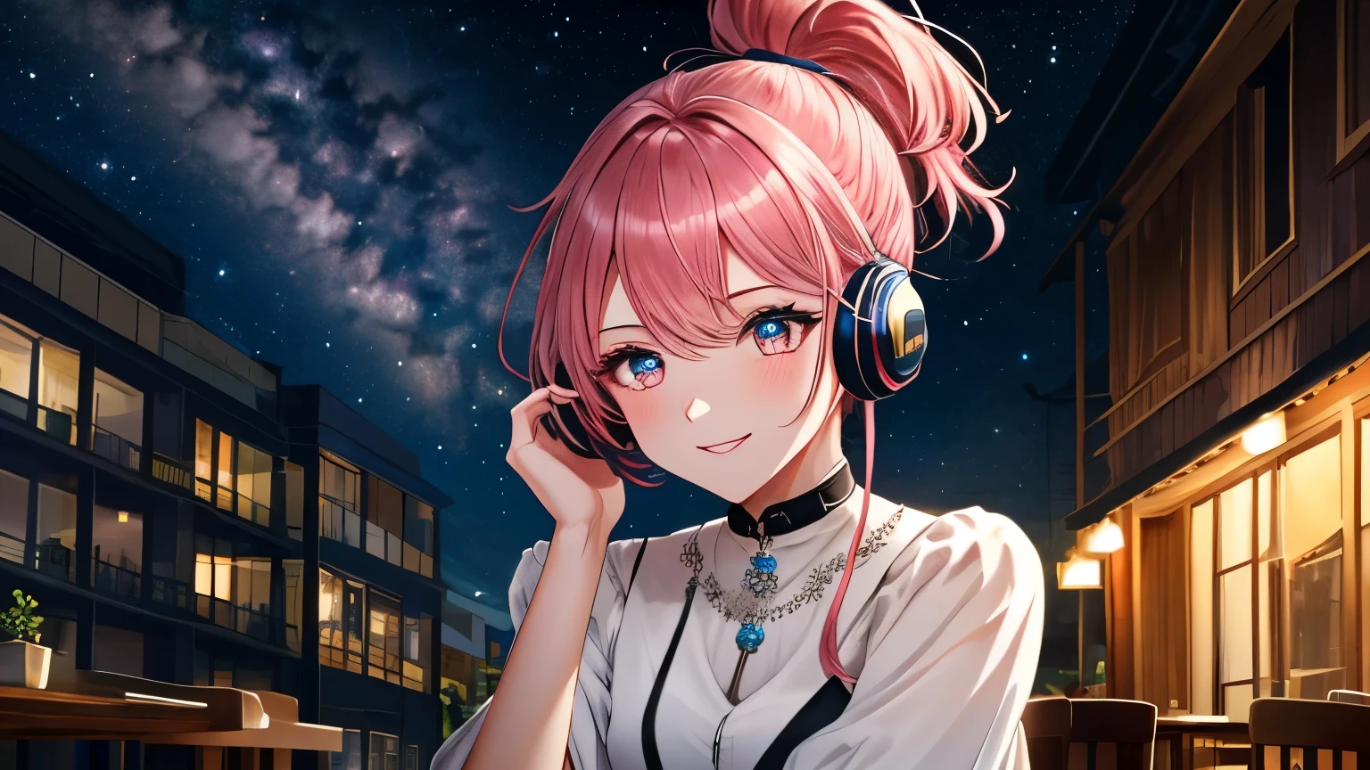 (simple hands: 0.5) + (Detailed hand: 0.7), (masterpiece), (highest quality), In white, red eye, 1 girl, Pale skin, In white, red eye, Pink Hair, ponytail,eyelash, handcuffs, jewelry, smile, Glowing Skin, Shiny Hair, Detailed and magnificent scenery, Fancy, Wide range, 1 girl, Pink Hair, Night Sky, Gazing at you、A masterpiece of amazingly detailed CG illustrations, I felt better., beautiful I felt better. eye, beautiful detailed eye, eye, sparkling eye, Different colored eye, red eye, blue eye, Milky Way, nebula, (whole body), (curve),Wearing headphones,sit in a chair at a cafe restaurant,