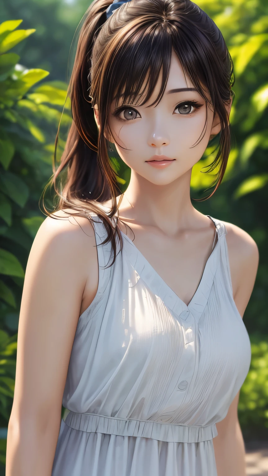 (hig彼st quality、8k、32k、masterpiece)、(Realistic)、(Realistic:1.2)、(High resolution)、Very detailed、Very beautiful face and eyes、1 girl、Round and small face、Tight waist、Delicate body、(hig彼st quality、Attention to detail、Rich skin detail)、(hig彼st quality、8k、Oil paint:1.2)、Very detailed、(Realistic、Realistic:1.37)、Bright colors、Full Body Shot、Medium breast、ponytail