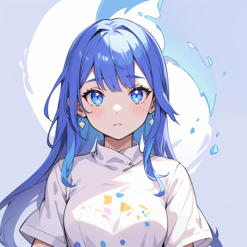 vtuber-halfbody、Bangs shorter than eyebrowasterpiece、Best Quality、Best illustrations、Super detailed、Upper Body、solo、1 girl、looking at the camera、upright、Arms at your sides、Beautiful detailed eyes、Concept Art、from the front、White background、Simple Background、Droopy eyes and big eyes、Super detailedな眼、Sparkling eyeilky white and blue gradient long hair、Short sleeve、water colored pencils、kind face、blush、Virtual YouTuber、