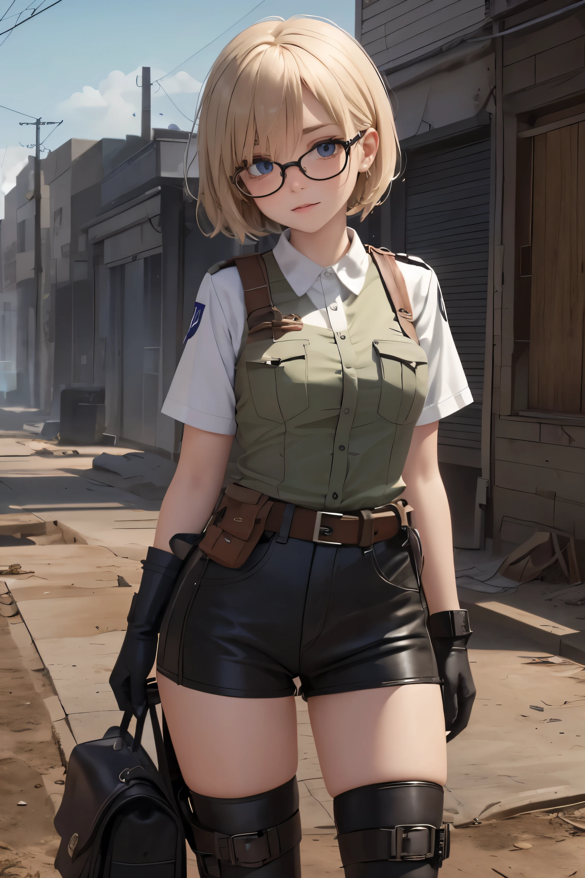 Wide angle, a pretty girl messenger, wearing large glasses, undercut hair, wearing postal uniform, in a post-apocalyptic world