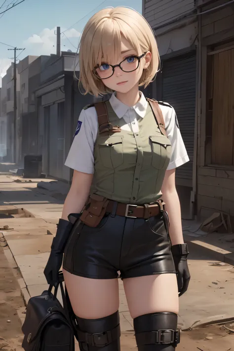 wide angle, a pretty girl messenger, wearing large glasses, undercut hair, wearing postal uniform, in a post-apocalyptic world