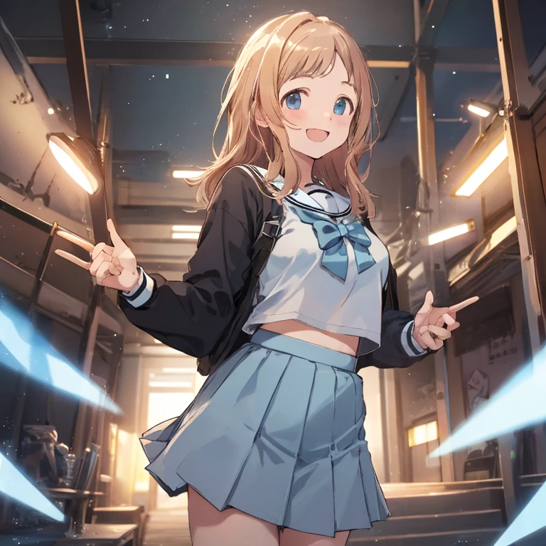  (Idol Master), (highest quality, 8k, masterpiece, Very detailed:1.4), (Lens flare, Particles of light, Shine), Big Breasts, smile, Open your mouth, masterpiece, highest quality, Very detailed, High resolution, Very detailedなCG, masterpiece, Official Art, From below, Light blue bow tie, Sailor suit, black long sleeve, Black checked skirt, Light blue skirt,  Perfect body,  Are standing, School