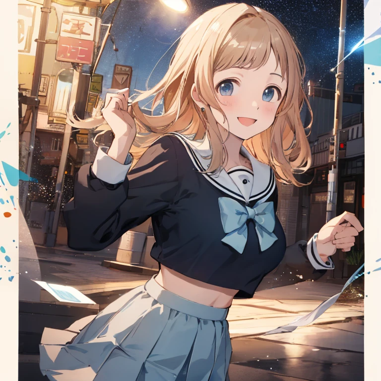  (Idol Master), (highest quality, 8k, masterpiece, Very detailed:1.4), (Lens flare, Particles of light, Shine), Big Breasts, smile, Open your mouth, masterpiece, highest quality, Very detailed, High resolution, Very detailedなCG, masterpiece, Official Art, From below, Light blue bow tie, Sailor suit, black long sleeve, Black checked skirt, Light blue skirt,  Perfect body,  Are standing, School