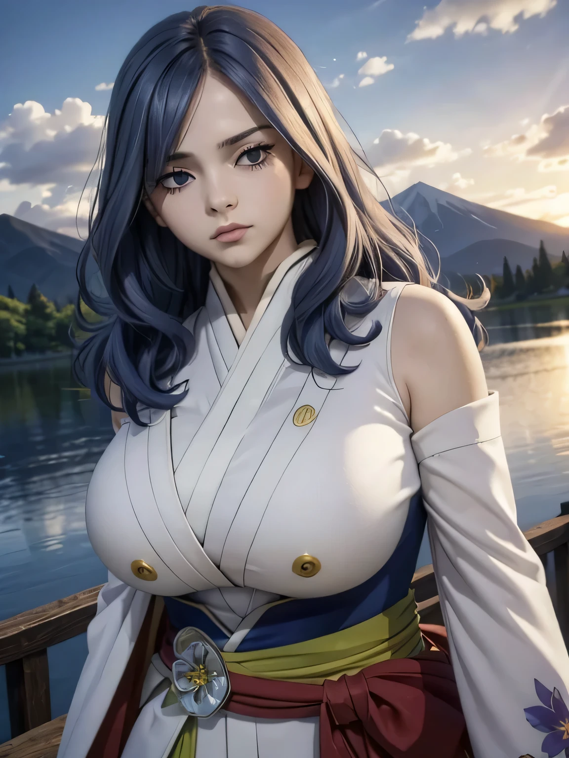 Best quality, masterpiece, extremely detailed, detailed background, detailed eyes,realism, 1 girl, beautiful eyes, young girl,beautiful graceful fingers, girl with long hair,expressive face, kimono, big breasts retro, Landscape of Mount Fuji, on open air, sunset, beautiful sky, picnic on the lake, landscape, landscape, horizon, The mountain is next to the mountain, Wind, flower petal, Vesna, looking, Atmospheric lighting, reflection, naturalistic, detail, realism. relaxation, Beauty, Just focus, Close-up, outside, depth of field, hips