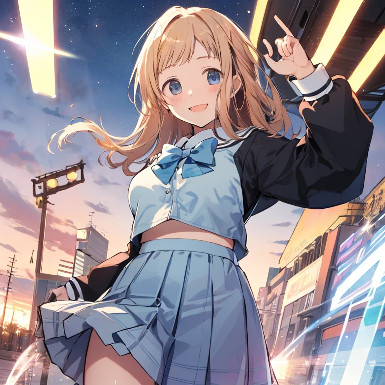  (Idol Master), (highest quality, 8k, masterpiece, Very detailed:1.4), (Lens flare, Particles of light, Shine), Big Breasts, smile, Open your mouth, masterpiece, highest quality, Very detailed, High resolution, Very detailedなCG, masterpiece, Official Art, From below, Light blue bow tie, Sailor suit, black long sleeve, Light blue check skirt, Perfect body,  Are standing, School