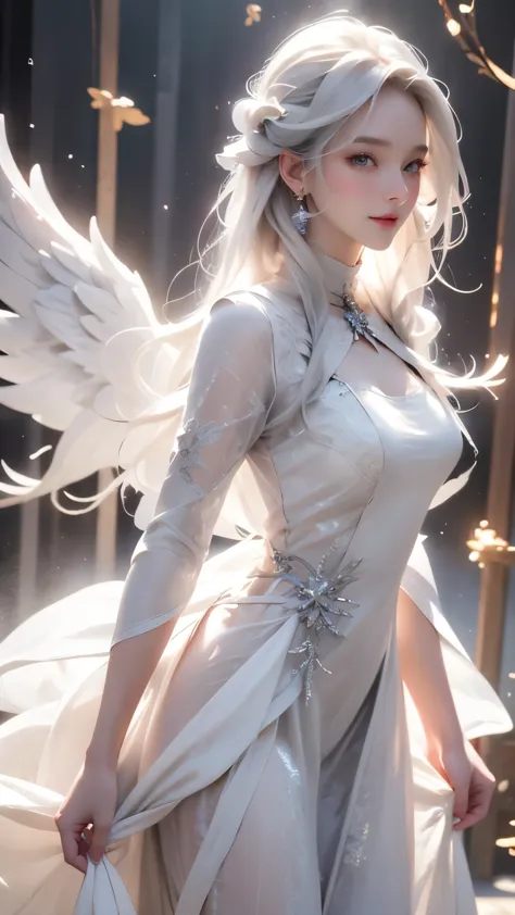 (White Wings,angel:1.2),(White feathers falling on the background:1.1)， （（masterpiece））， （detailed：1.4），Realistic、 beautiful wom...
