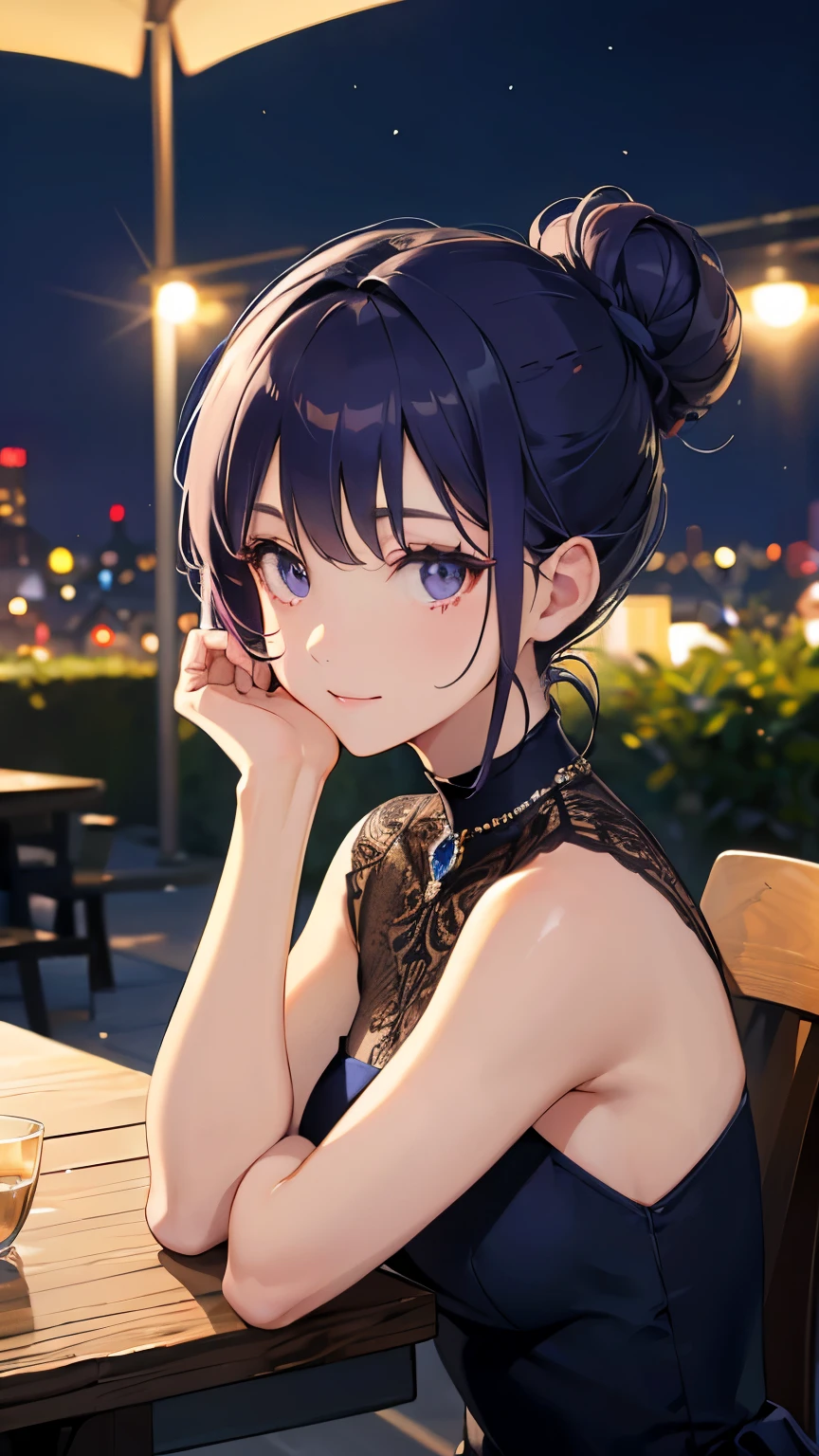 ((highest quality)), ((masterpiece)), (detailed), Perfect Face, (highest quality), (detailed skin:1.3), (Complex details), , Night dress, ((Midnight Blue Dress)), Deep neckline, Green Emerald Necklace, Earrings, Captivating smile, (Hair Bun, Purple Hair), Terrace seating at night, Underarm, Place your hands behind your head.