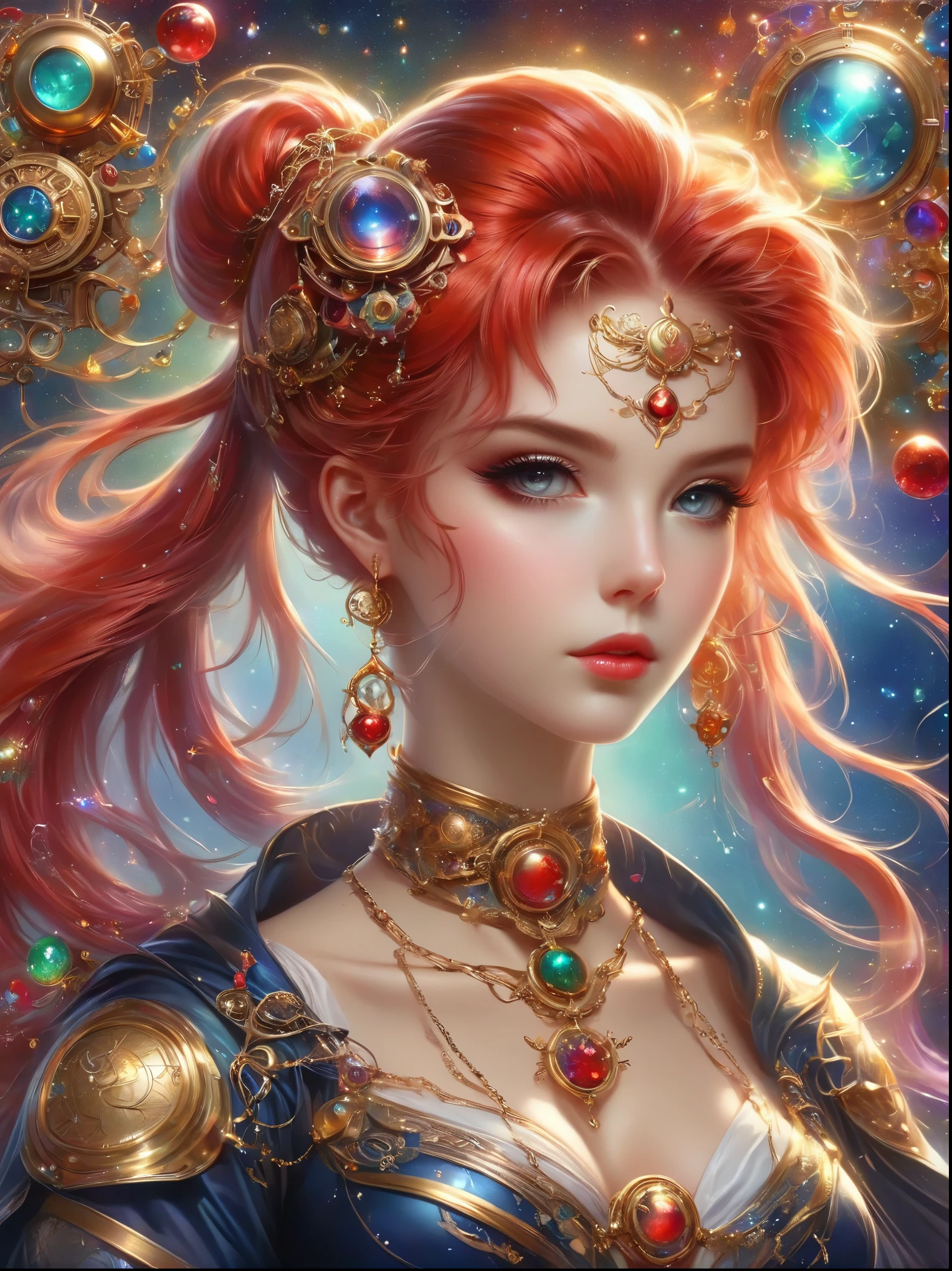 melhor qualidade，Muito bom，8K，absurdo，extremamente detalhado，Luta de Sailor Moon，Cabelo ruivo curto e bagunçado，caleidoscópio，(Ciberpunk:0.7)，steampunk，Dieselpunk e clockpunk，caleidoscópio采用热粉色，Feito de banhado a ouro brilhante e banhado a prata brilhante，Pedras preciosas coloridas cintilantes quebradas，arte mista，arte mista，Arte fractal，Arte Zentangle，arte de design，Maravilhoso e misterioso，Imagens do mundo de fantasia，Um estilo visual diversificado que incorpora uma variedade de elementos artísticos，Inclui pastéis brilhantes do arco-íris e cores brilhantes