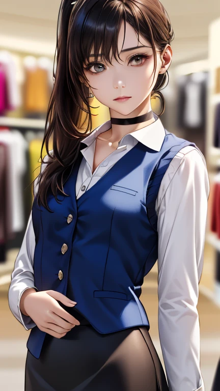 (hig彼st quality、8k、32k、masterpiece)、(Realistic)、(Realistic:1.2)、(High resolution)、Very detailed、Very beautiful face and eyes、1 girl、Round and small face、Tight waist、Delicate body、(hig彼st quality、Attention to detail、Rich skin detail)、(hig彼st quality、8k、Oil paint:1.2)、Very detailed、(Realistic、Realistic:1.37)、Bright colors、Full Body Shot、Medium breast、ponytail、((navy blue suit vest:1.8, Long-sleeved white shirt with collar and buttons, Dark blue tight skirt:1.4, Black Pantyhose:1.3. Choker)), ((In department stores:1.6))