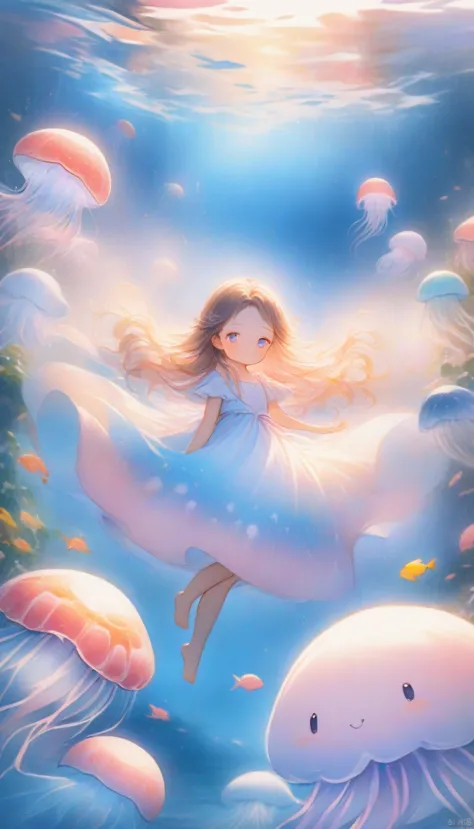 (girl with jellyfish motif:1.3), (flowing translucent dress:1.2), (luminous glow:1.3), (long wavy hair resembling tentacles:1.2)...