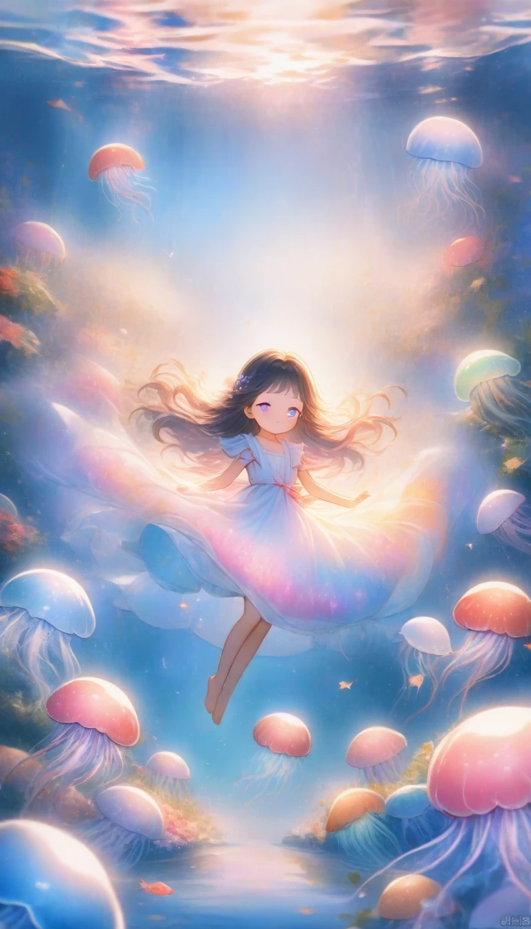 (girl with jellyfish motif:1.3), (flowing translucent dress:1.2), (luminous glow:1.3), (long wavy hair resembling tentacles:1.2), (delicate and graceful movements:1.3), (underwater ambiance:1.2), (floating effortlessly:1.2), (soft pastel colors:1.1), (ethereal beauty:1.3), (surrounded by small jellyfish:1.2), (gentle expression:1.1), (reflective eyes like deep sea:1.2), (barefoot with delicate feet:1.0), (ambient bubbles around:1.1), (mysterious aura:1.2), nsfw