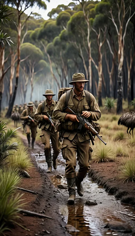 Soldiers trudging through the Australian wilderness, trying to keep up with the emus, background cinematic, hyper realistic, ult...